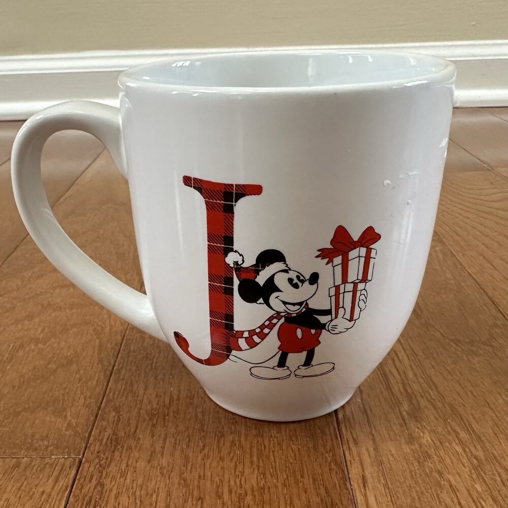 Disney Mickey Mouse Santa Holiday Mug Coffee Cup Initial Letter‎ J Monogram NEW